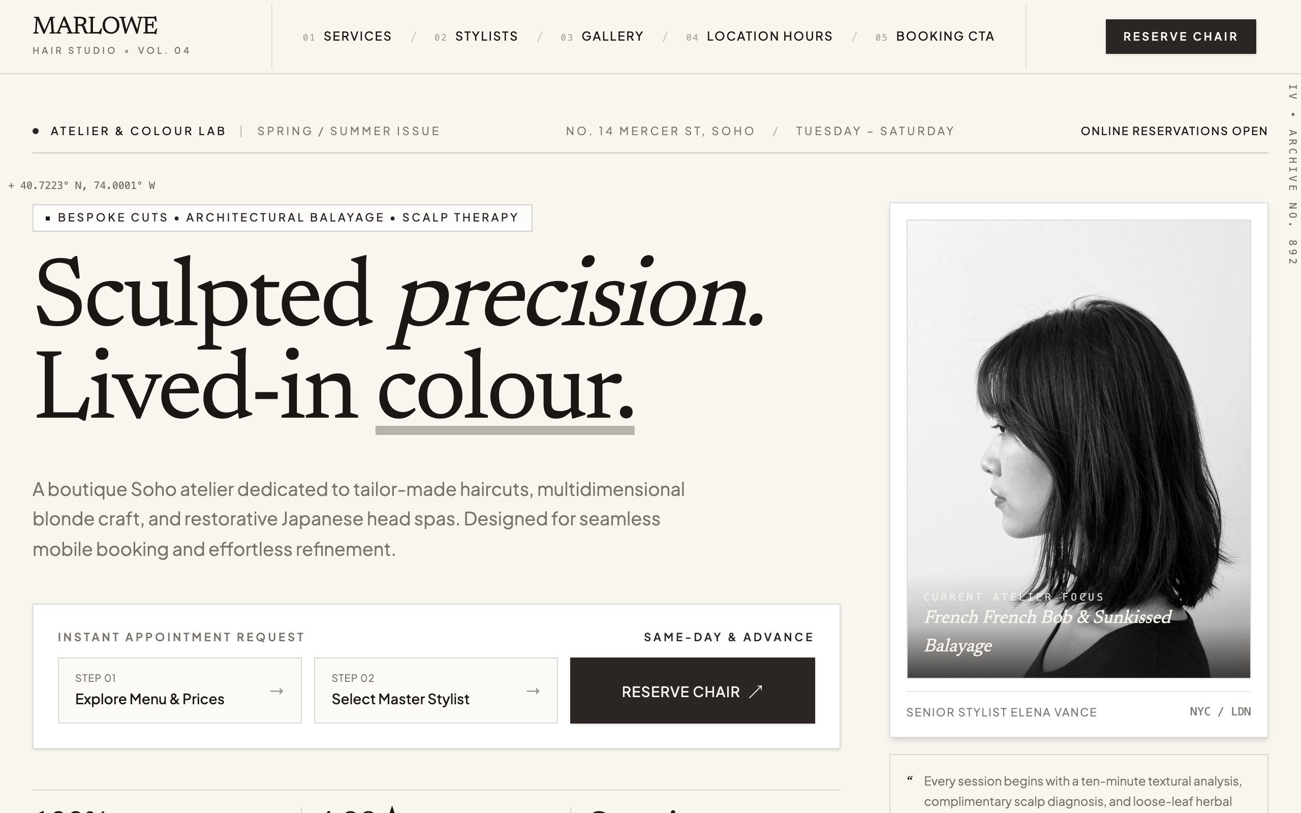 The hair salon website example, built with Mr Create