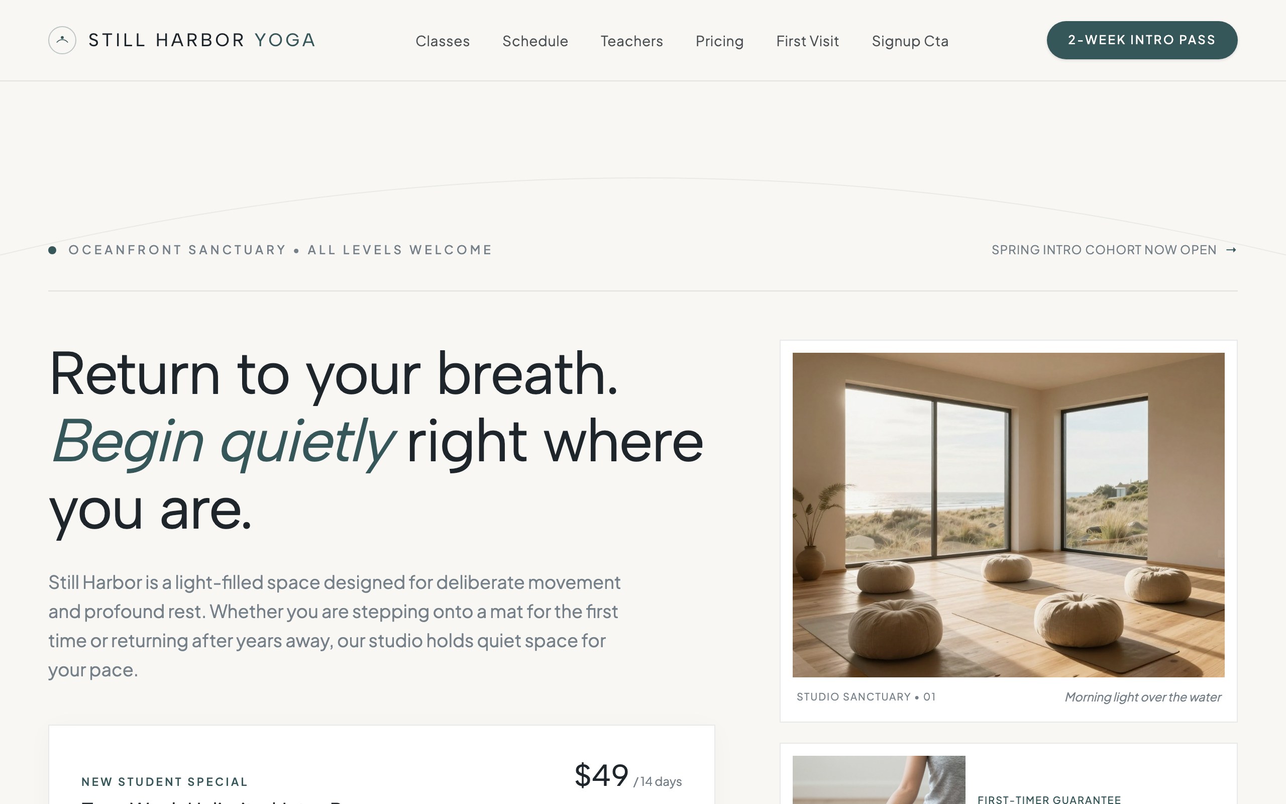 The yoga studio website example, built with Mr Create