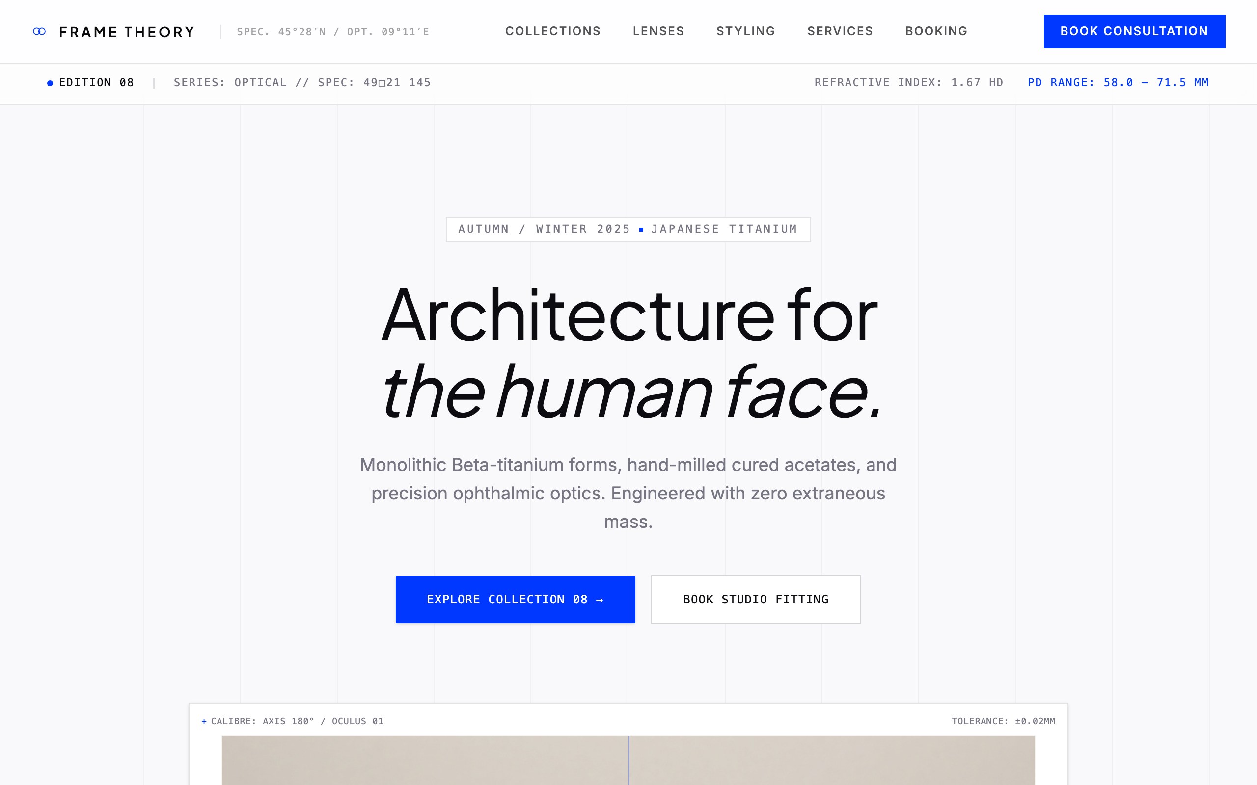 The eyewear website example, built with Mr Create