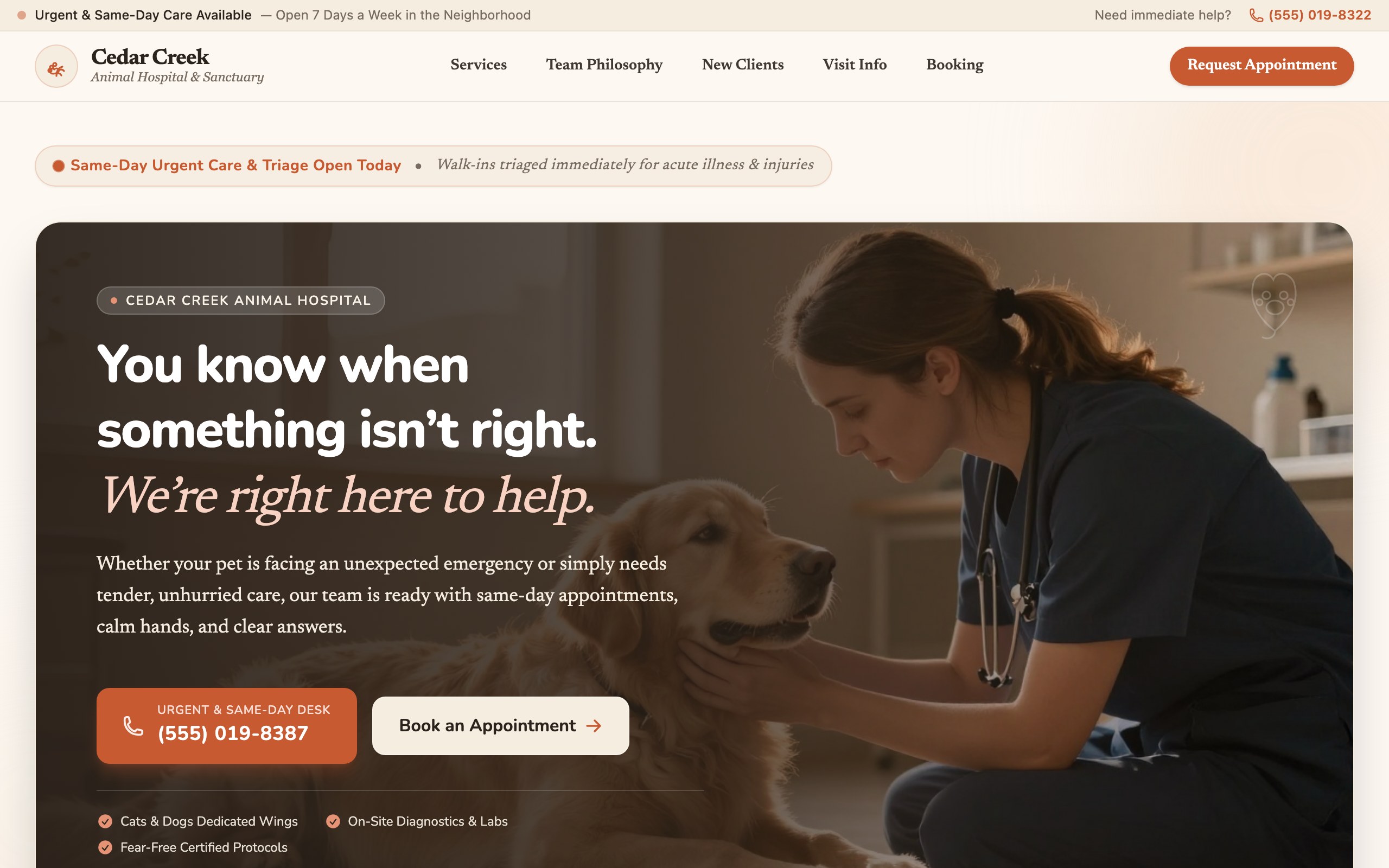 The veterinary clinic website example, built with Mr Create