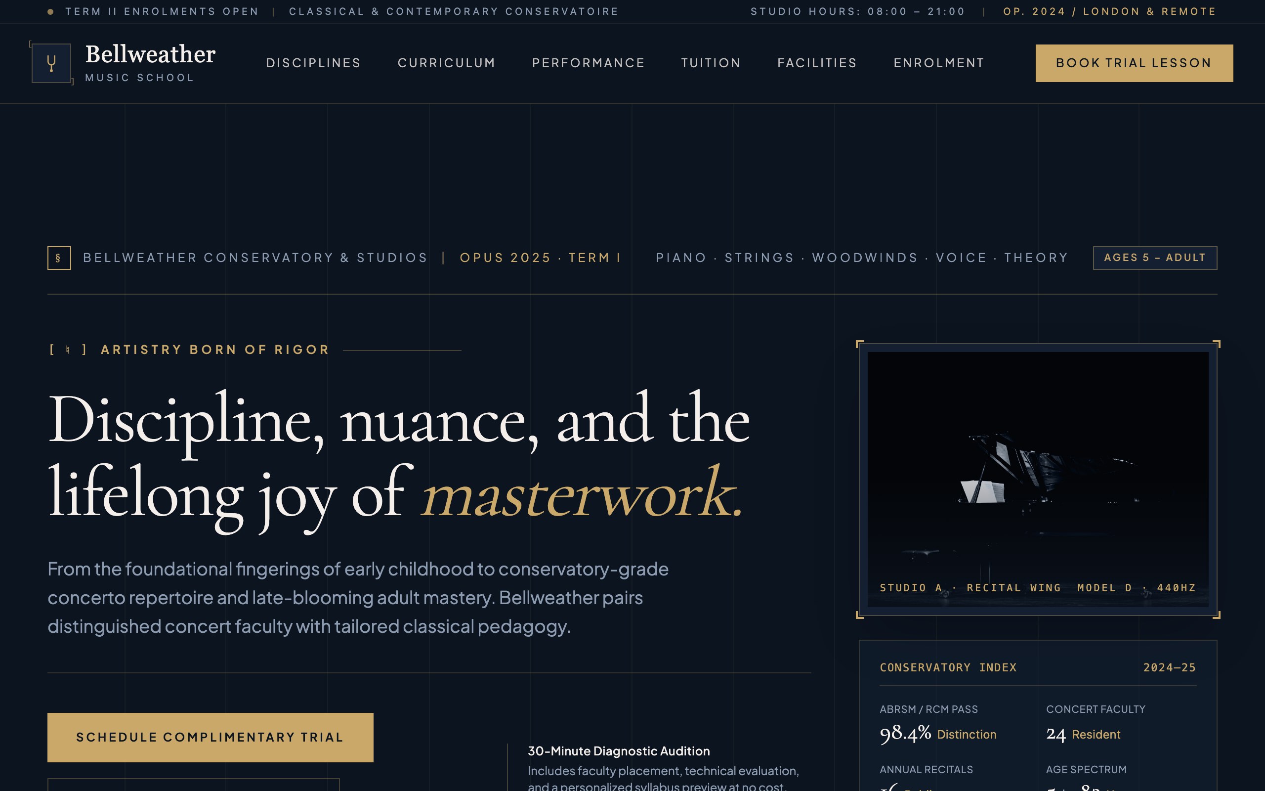 The music school website example, built with Mr Create