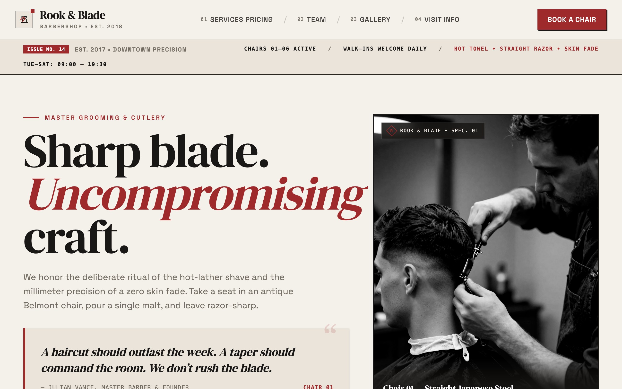 The barbershop website example, built with Mr Create