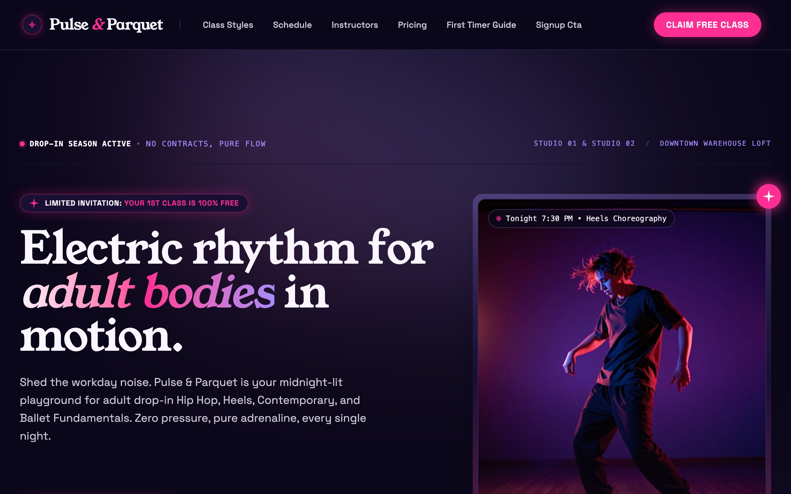 The dance studio website example, built with Mr Create