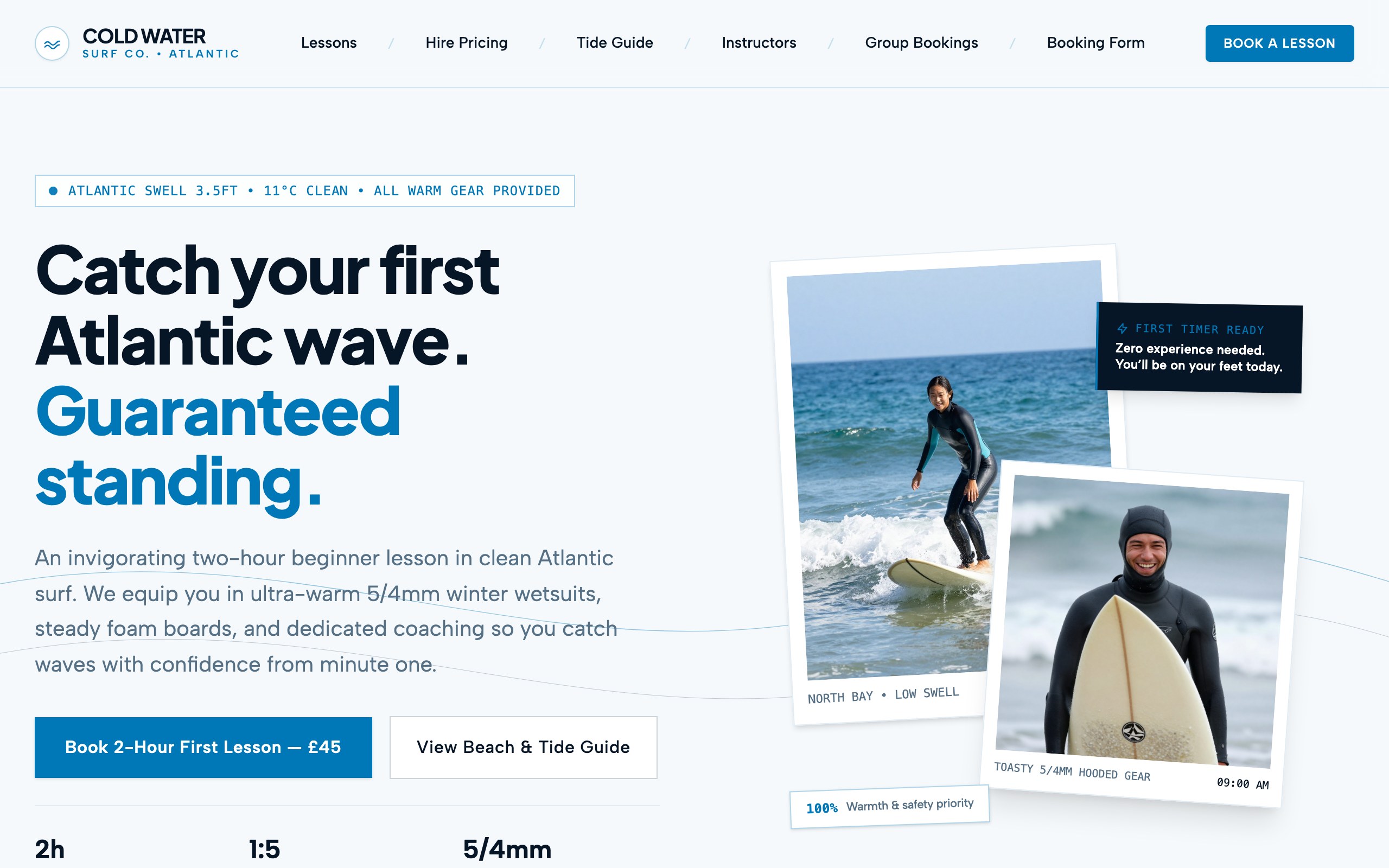 The surf school website example, built with Mr Create