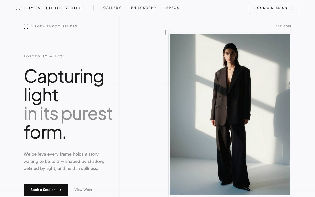 Screenshot of Lumen Photo Studio, a site built with Mr Create