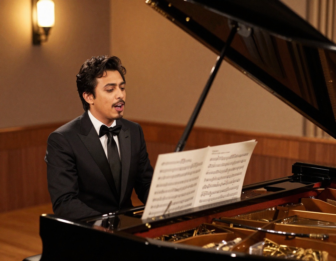 Classical vocal student practicing by grand piano