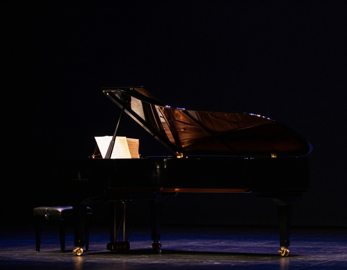 Steinway grand piano in the Bellweather recital hall under soft warm spotlight