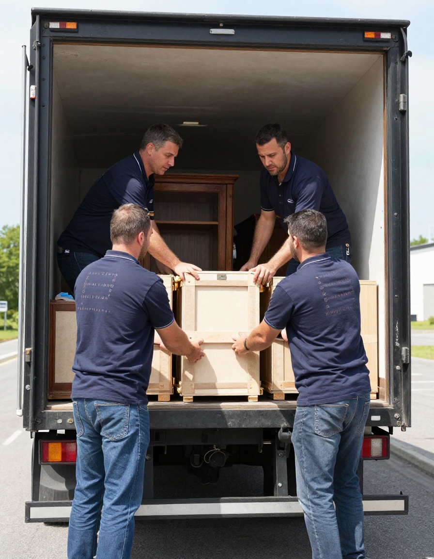 Ledger & Sons removals crew securing furniture inside heavy transit vehicle