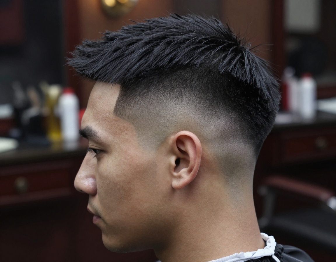 Low skin taper fade with textured top and sharp perimeter line