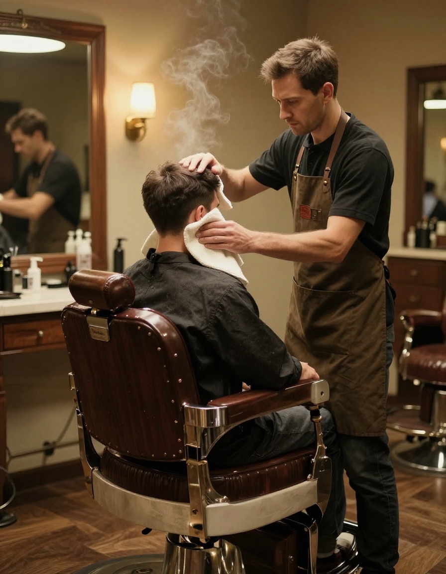 Traditional hot steamed towel shave treatment in vintage barber chair