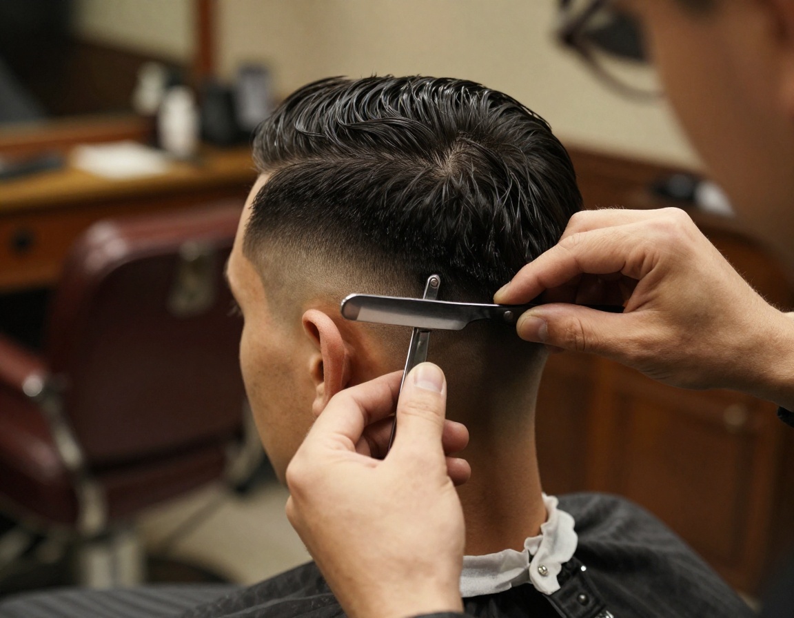Master barber performing straight razor detail work