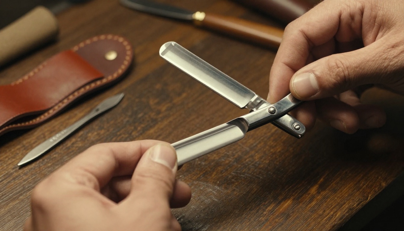Barber straight razor and leather strop on workbench