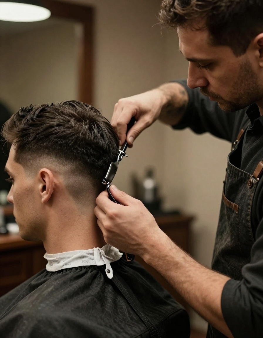 Master barber executing a sharp fade haircut at Rook & Blade