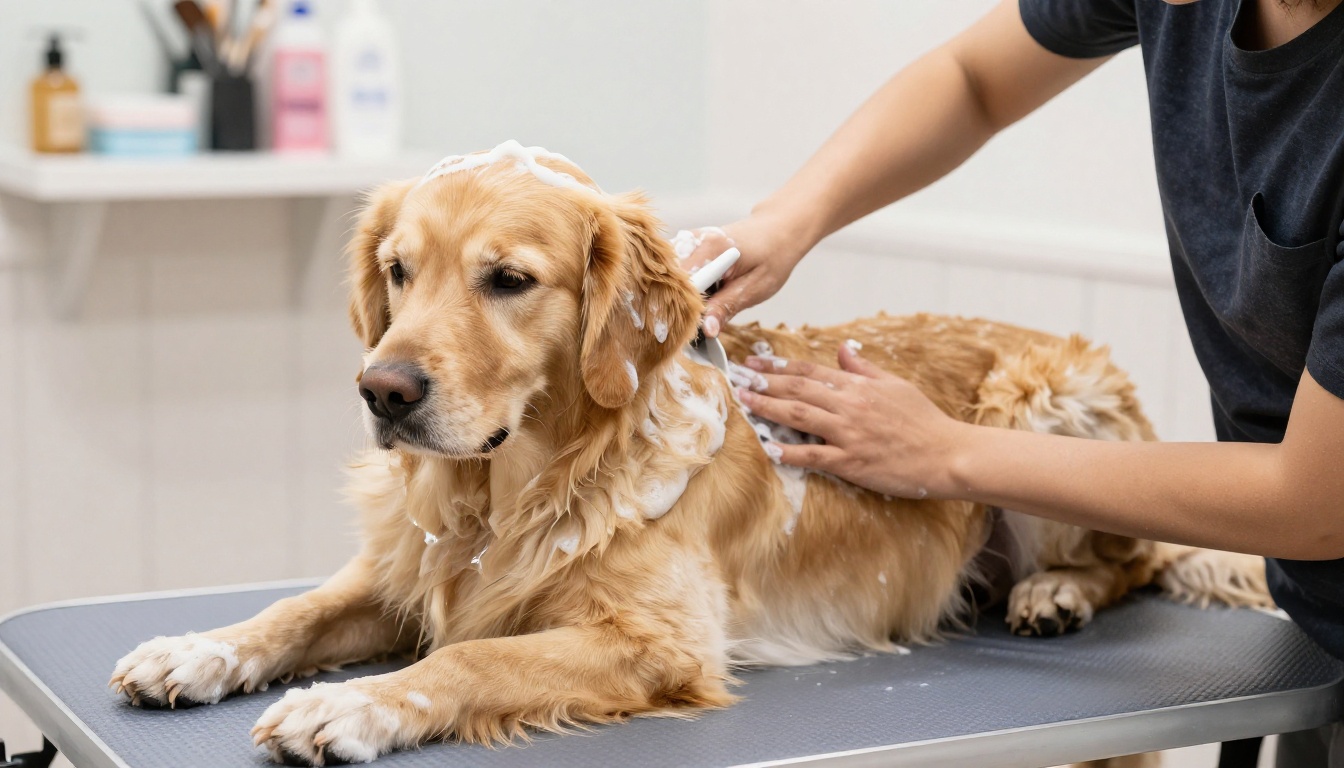 Calm dog receiving a gentle soothing warm bath