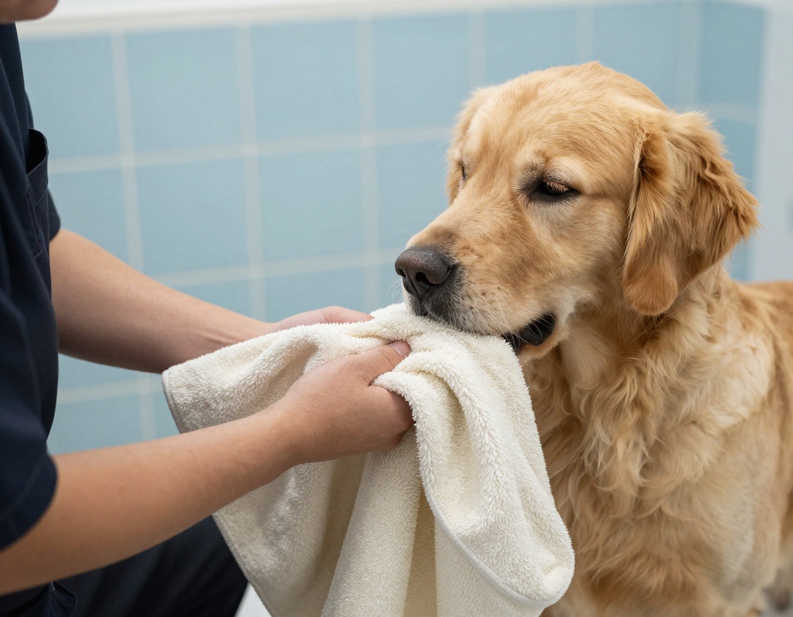 Gentle groomer reassuring a relaxed dog wrapped in a soft towel