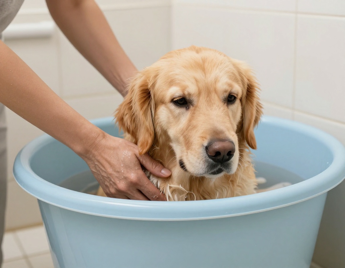 Calm dog receiving hydro-massage therapy