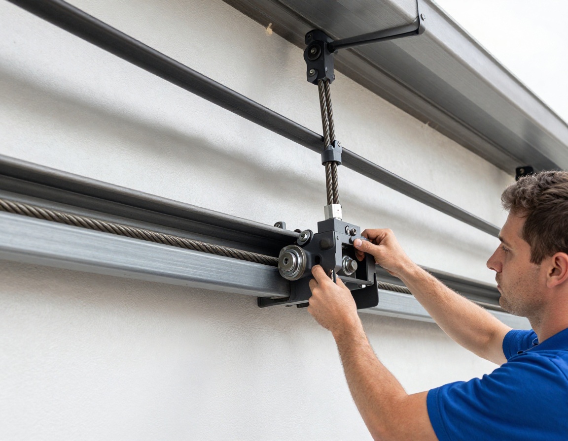 Technician adjusting heavy duty garage door torsion spring assembly