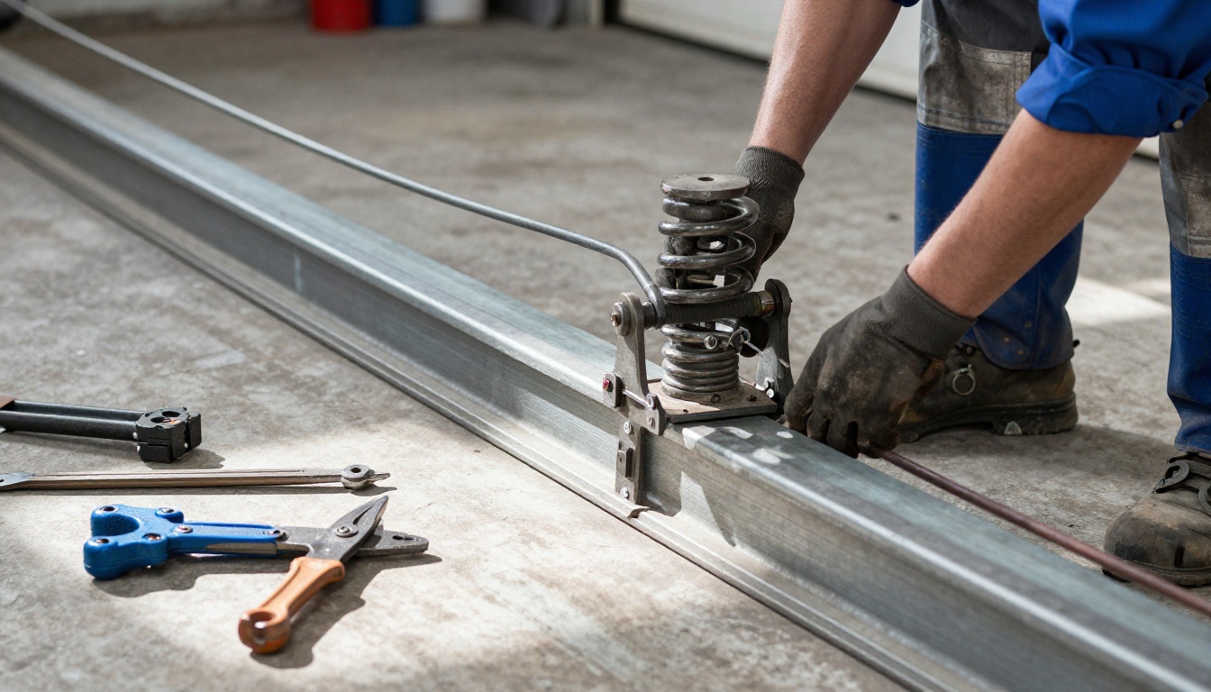 Overhead Works technician calibrating torsion springs on-site