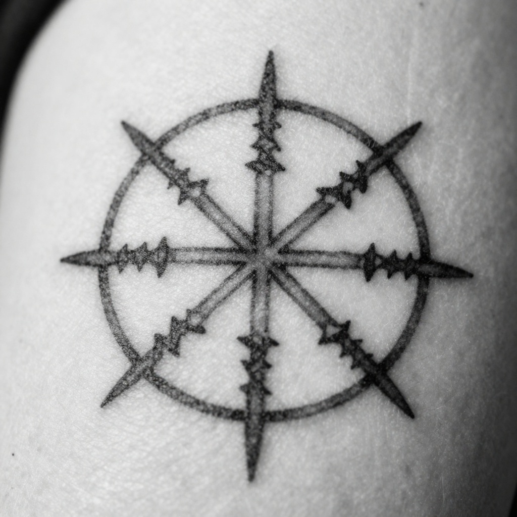 Fine line sigil typography tattoo detail