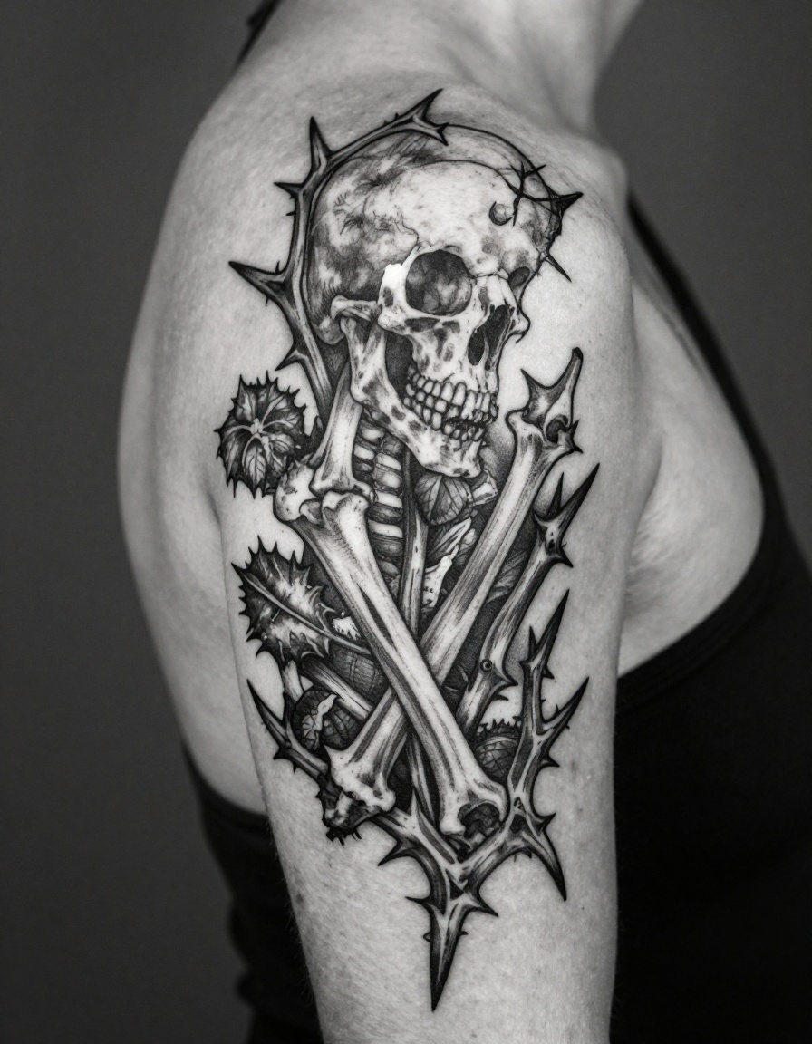 Lithographic thorn and bone blackwork back piece by Vesper Vance