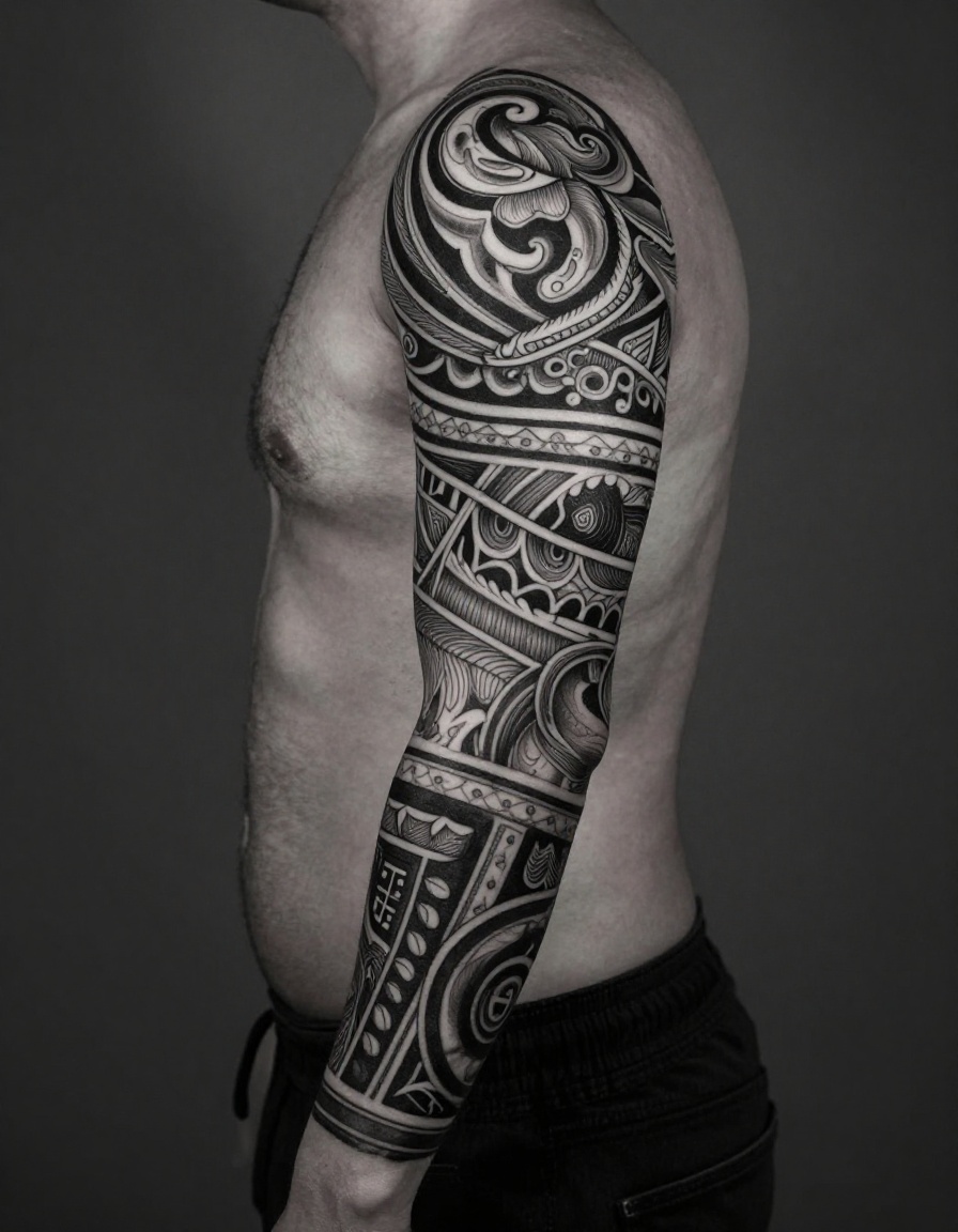 Full arm solid blackwork and geometric sleeve by Kaelen Cross
