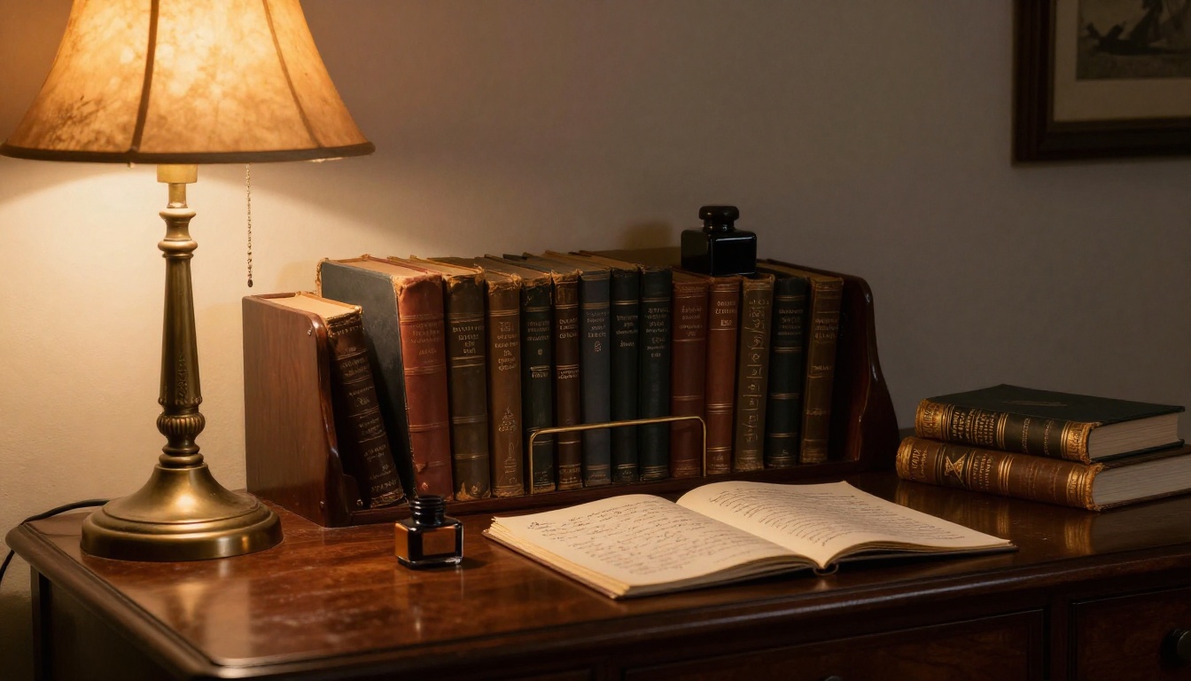 Curator's desk with opened antiquarian volumes and brass reading light