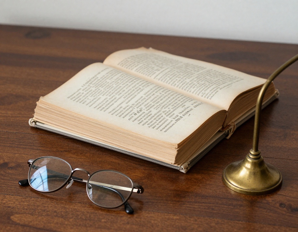 Hardcover books and reading spectacles on wooden desk
