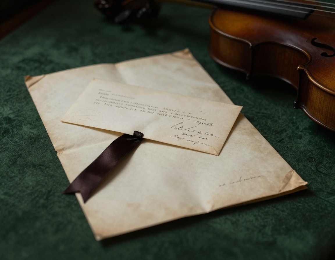 Tied bundles of vintage letters beside cello scroll
