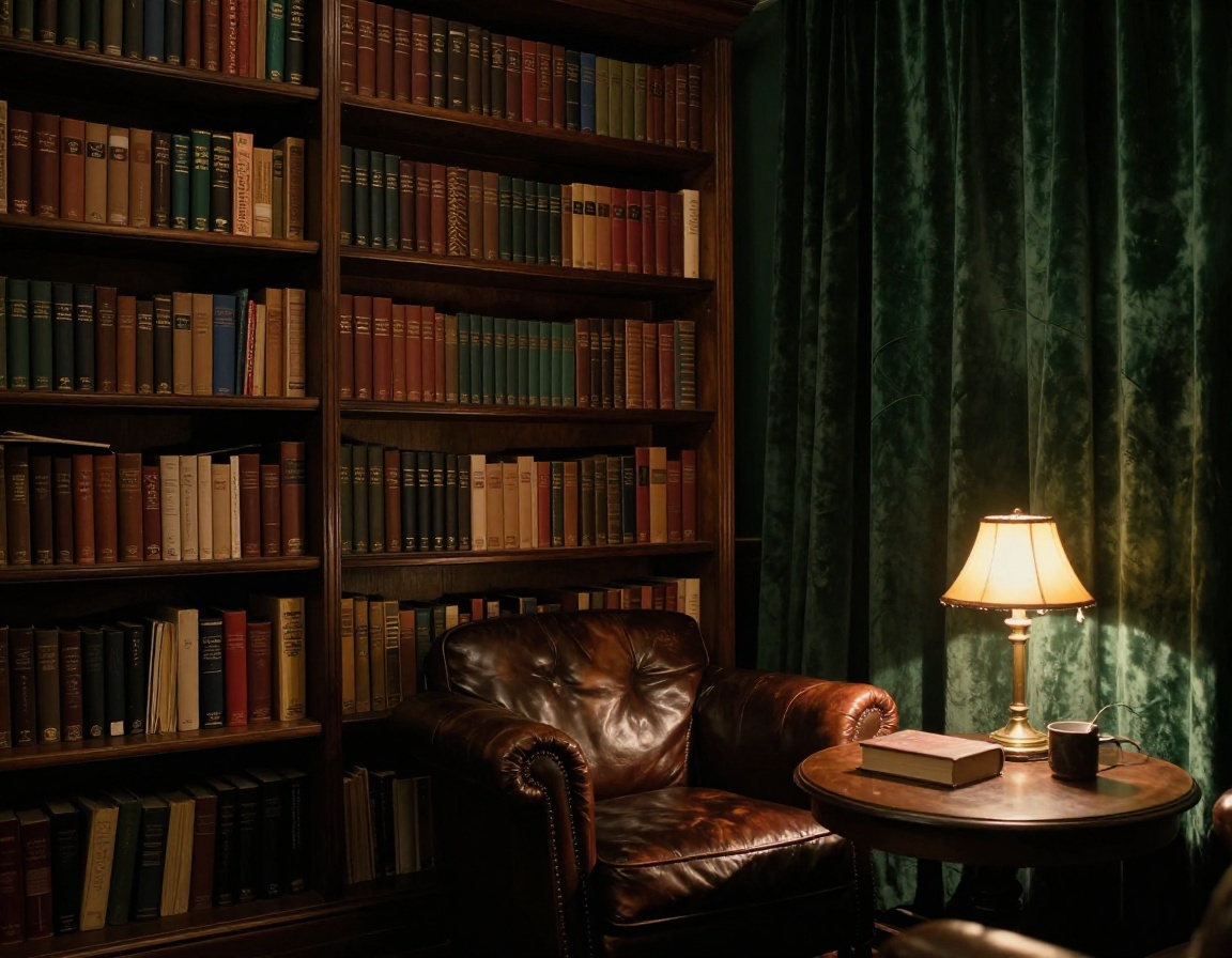 The interior reading room at Marginalia Books with oak shelving and low lamplight