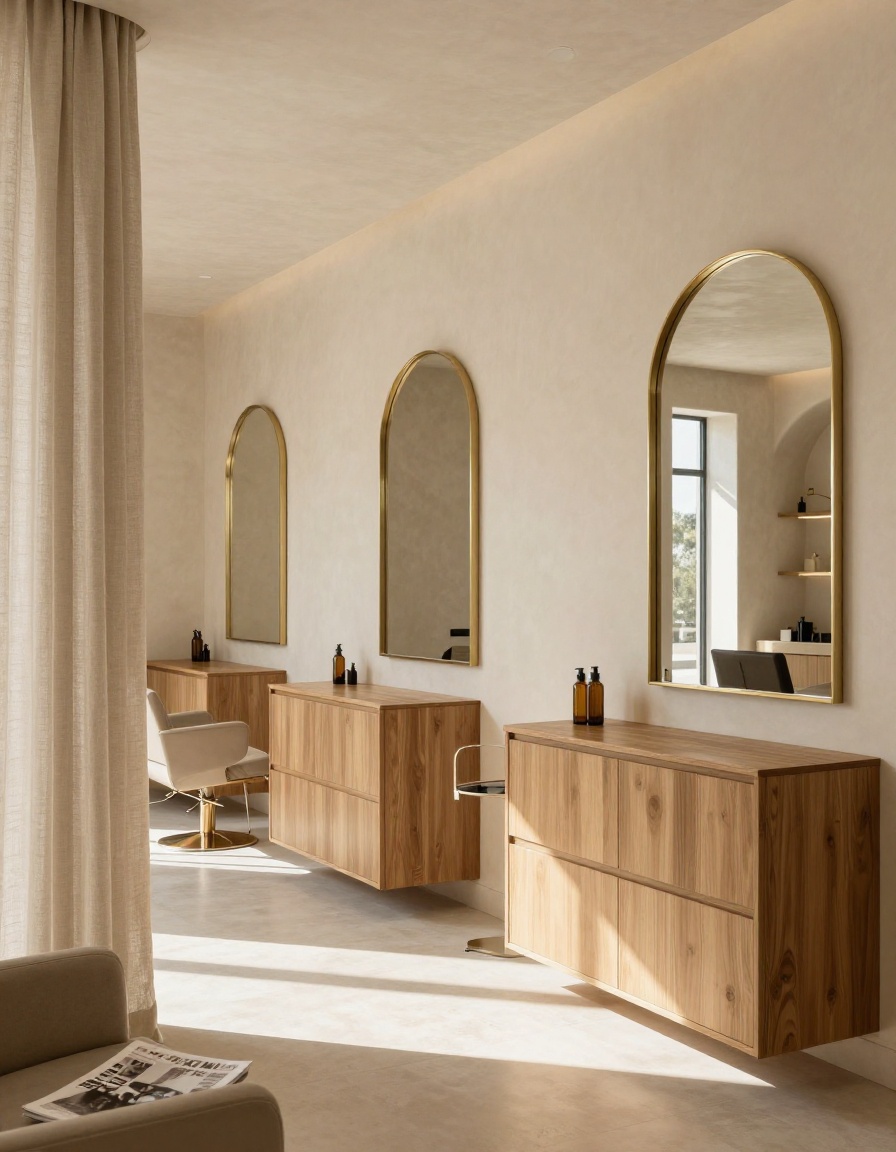 Interior of Marlowe Studio with arched mirrors and limewash walls