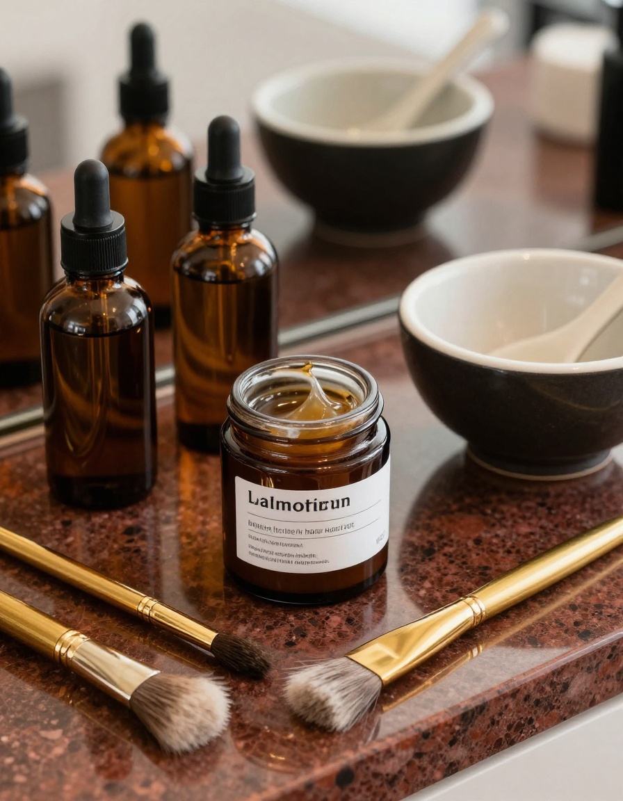 Marlowe salon dispensary with amber bottles and ceramic glaze bowls on travertine