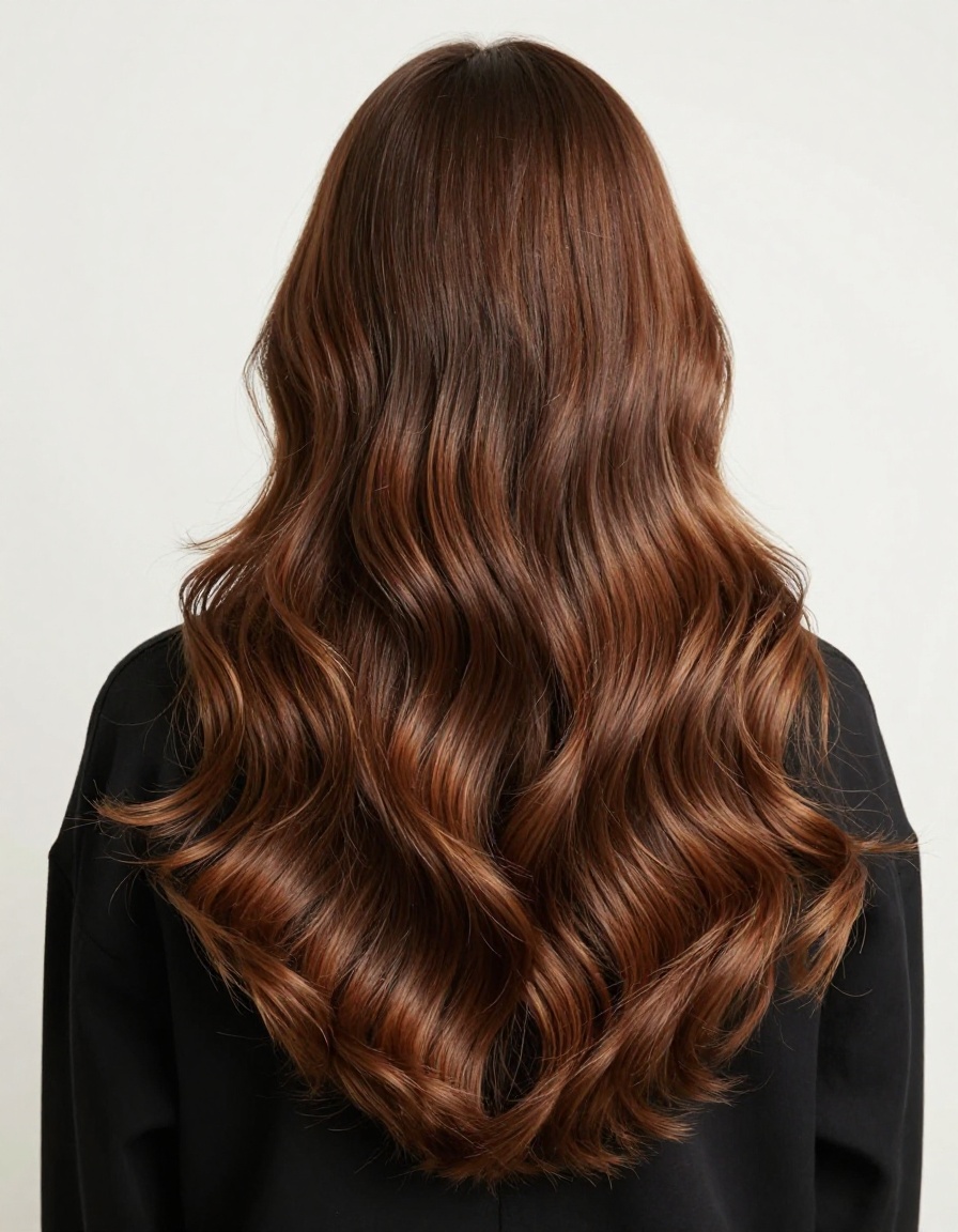Long dimensional toasted hazelnut balayage on naturally wavy brunette hair