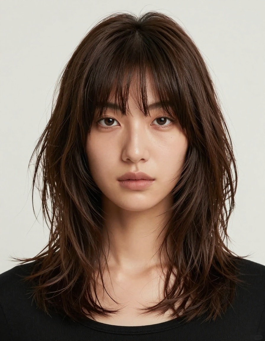Mid-length modern shag haircut with curtain bangs and lived-in texture