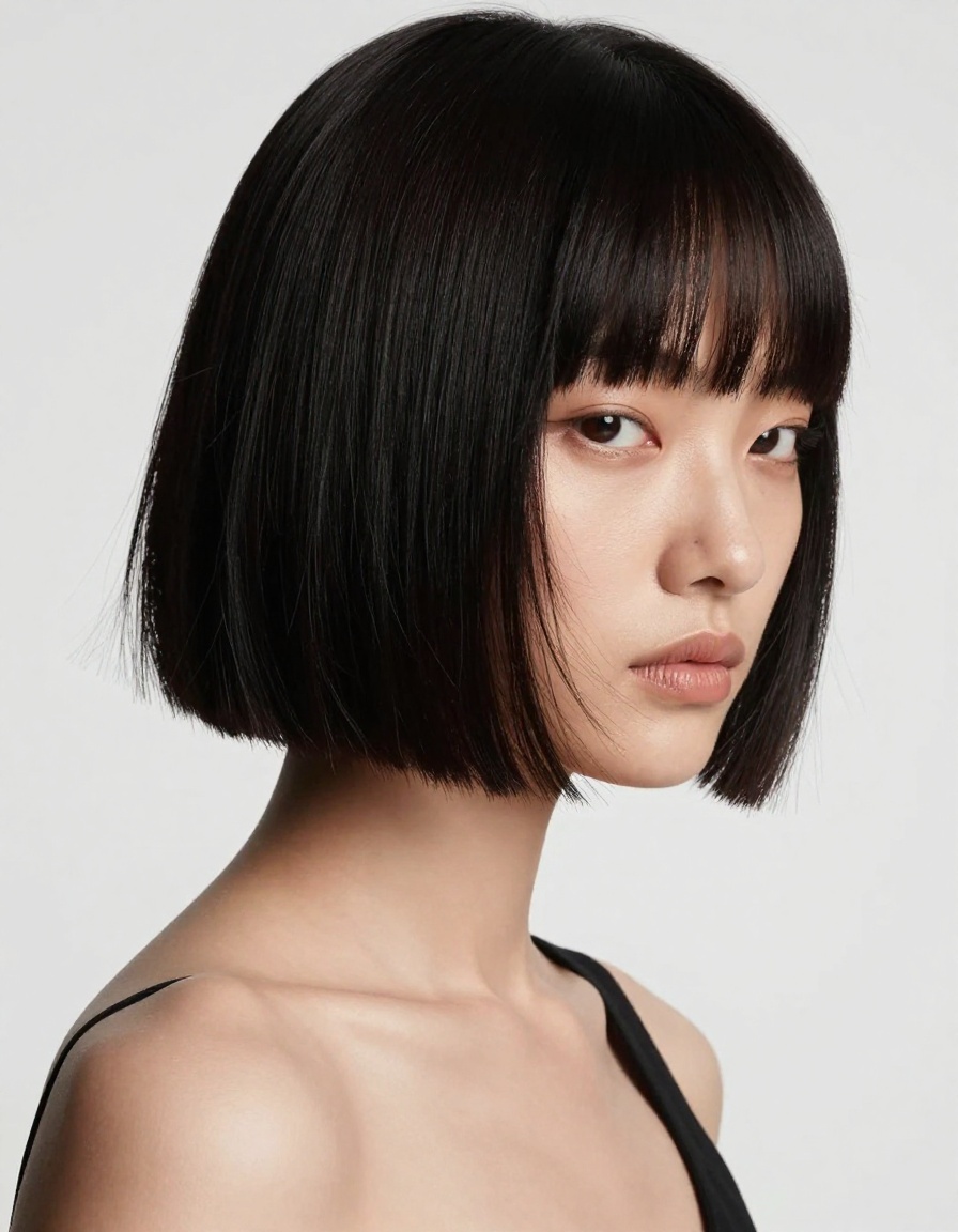 Sharp chin-length blunt cut french bob with micro fringe