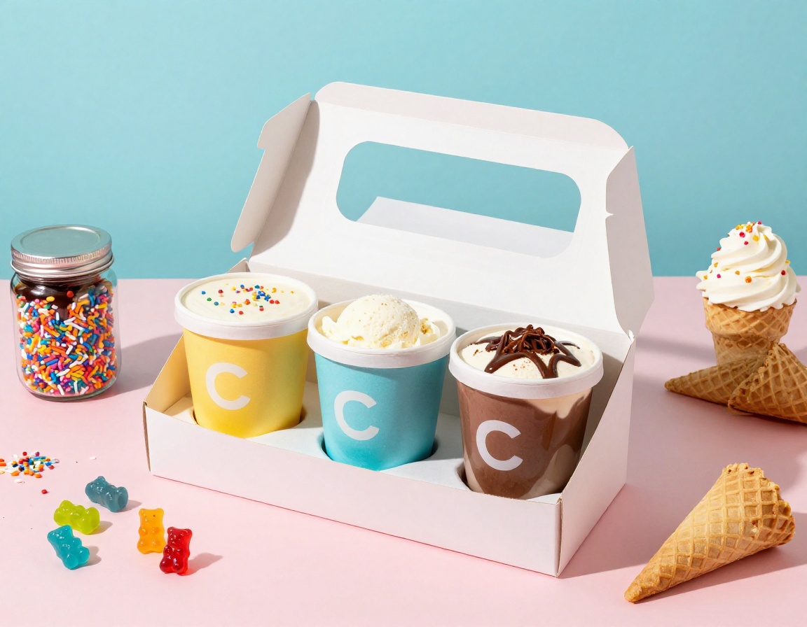 Sundae party kit packed in carton with pint tubs and assorted toppings