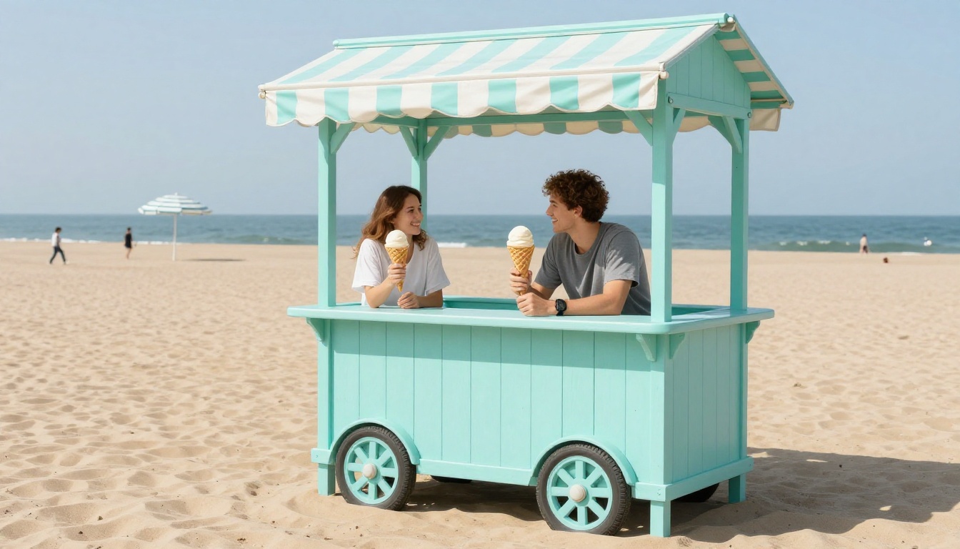 Northern Scoop Boardwalk walk-up shack with picnic benches and sun umbrellas