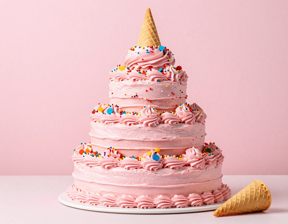 Handcrafted multi-layered ice cream cake with sprinkles and fudge