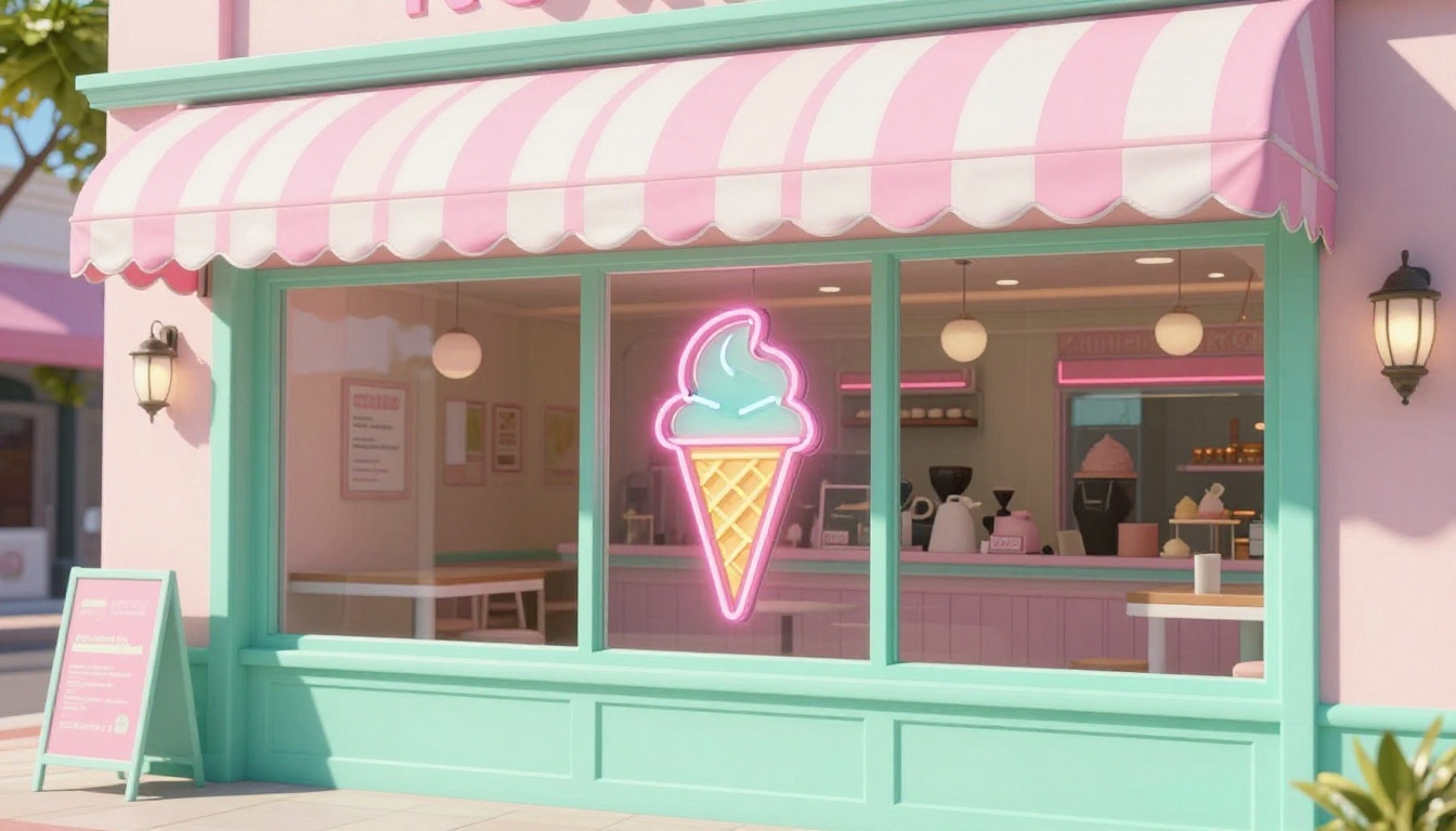 Northern Scoop Mill District storefront with bright pink awning and mint green benches