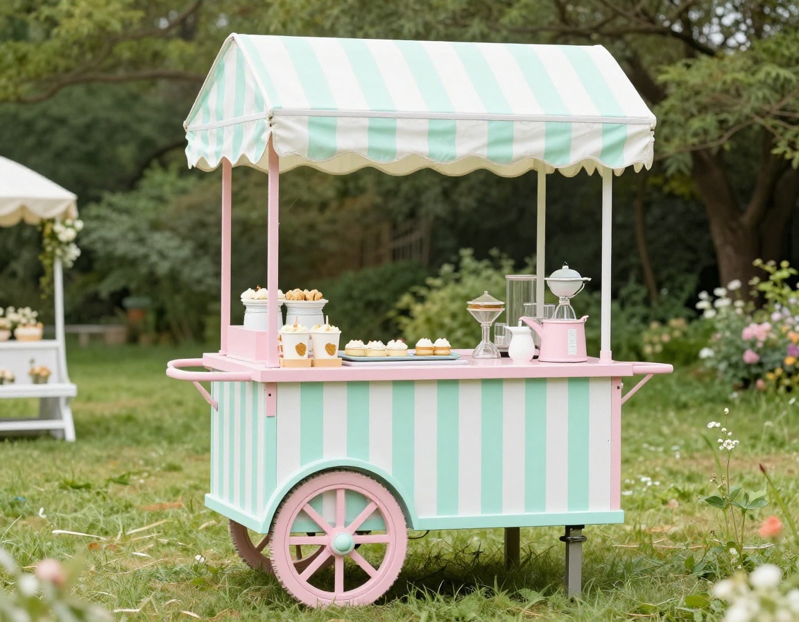 Retro mint-and-pink mobile ice cream catering cart with parasol