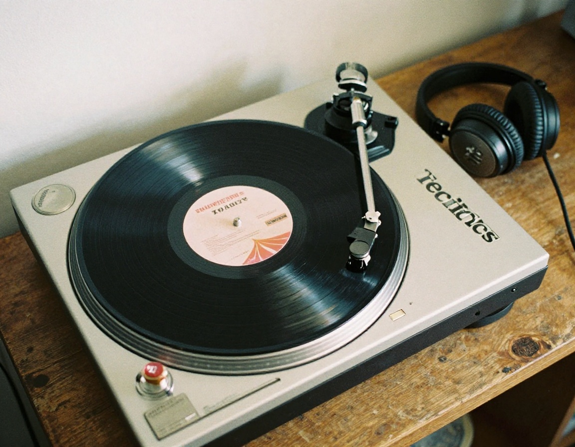Vintage direct-drive turntable spinning vinyl at the listening station