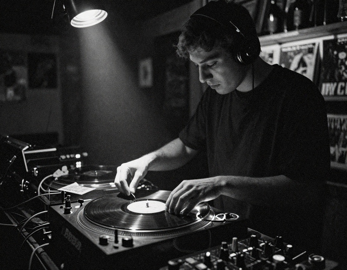 Selector cueing a 12-inch single on a turntable in a dimly lit record store