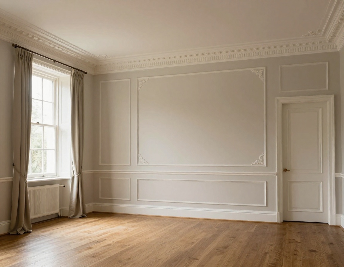 Crisp interior paint application on Georgian residential living room walls and cornice