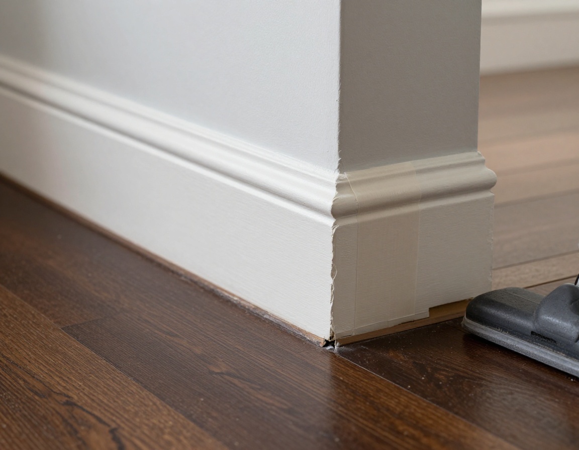 Meticulous masking tape applied along baseboard and timber floor protection