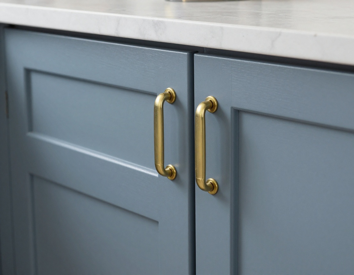 Detailed shot of spray finished kitchen cabinetry in slate blue eggshell