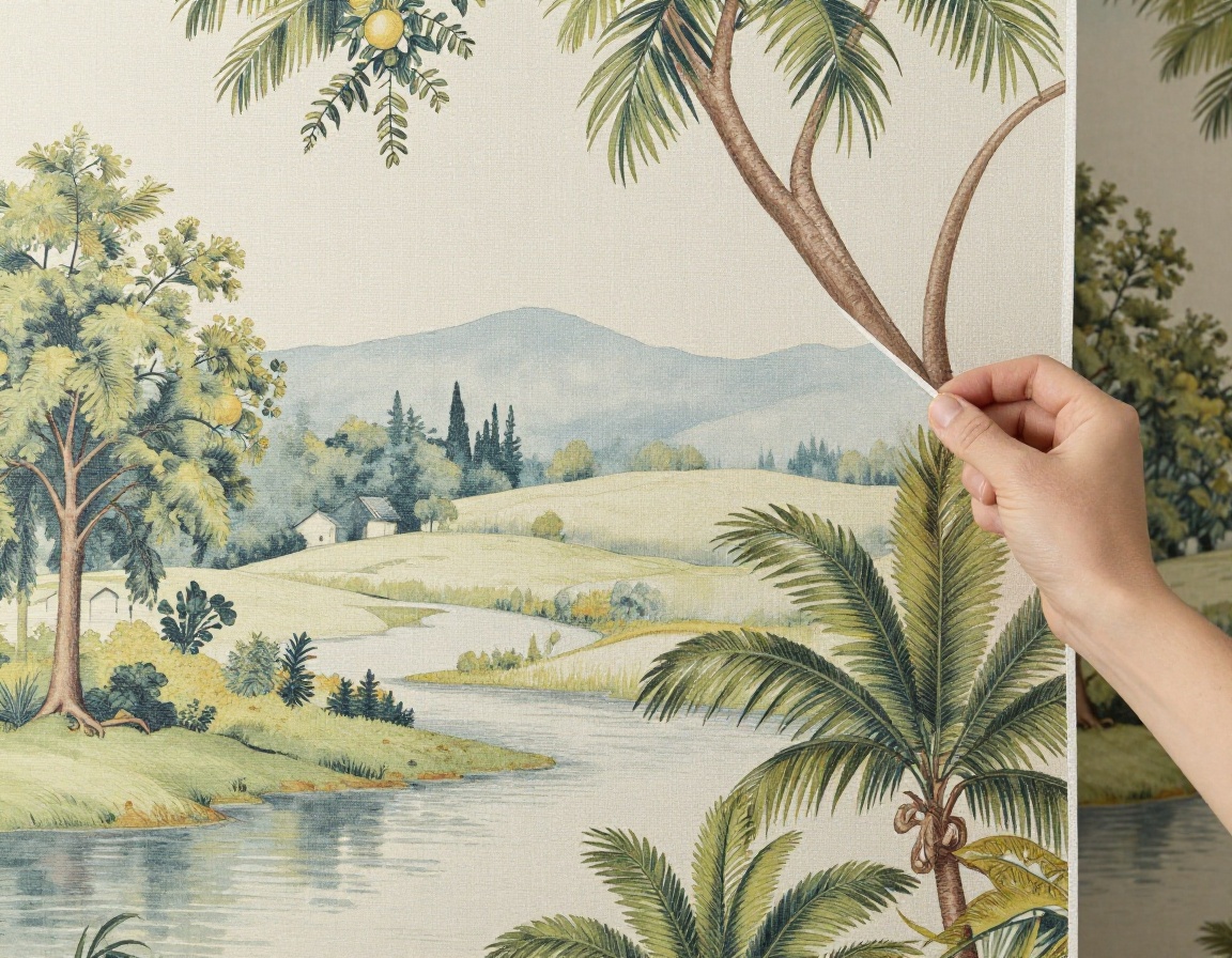 Artisan wallpaper installation with precise pattern alignment