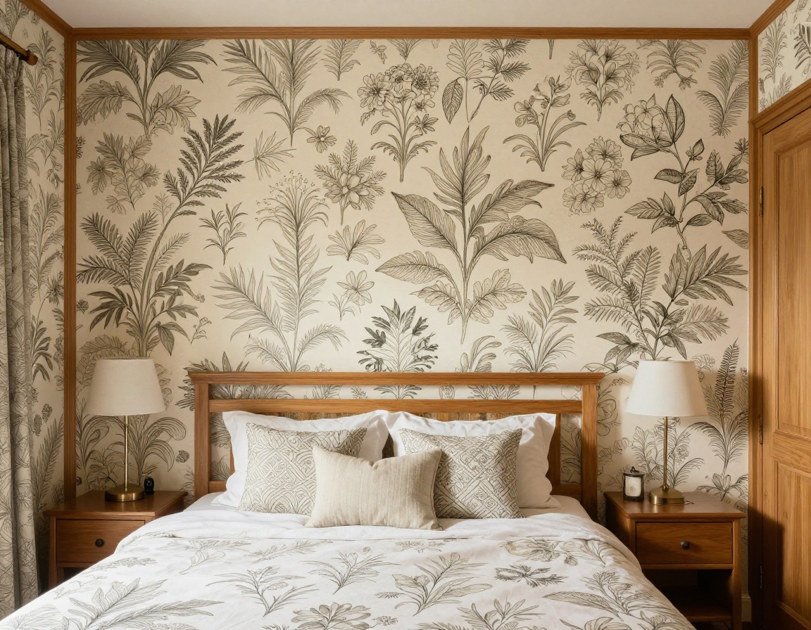 Dining room featuring seamless botanical hand-blocked wallpaper installation