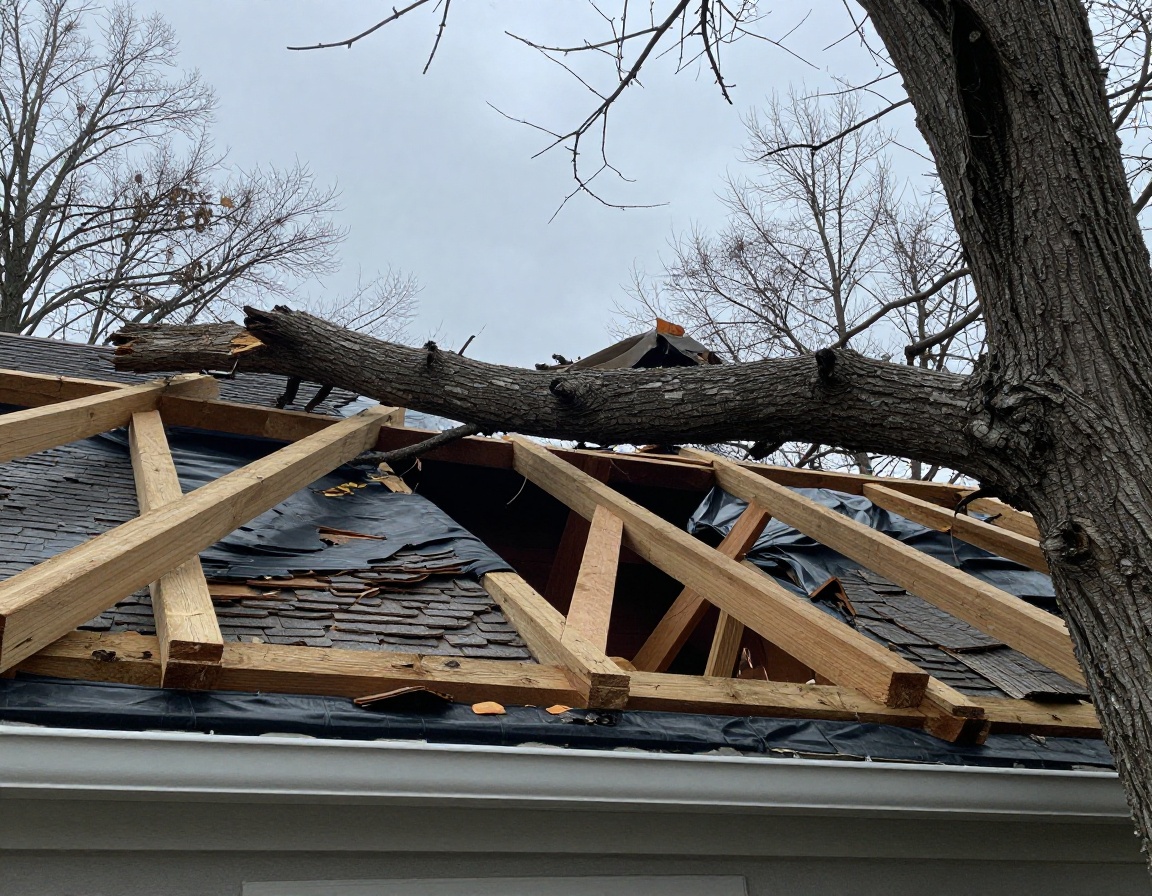 Severe storm damage showing fallen tree strike and broken rafters on cedar roof