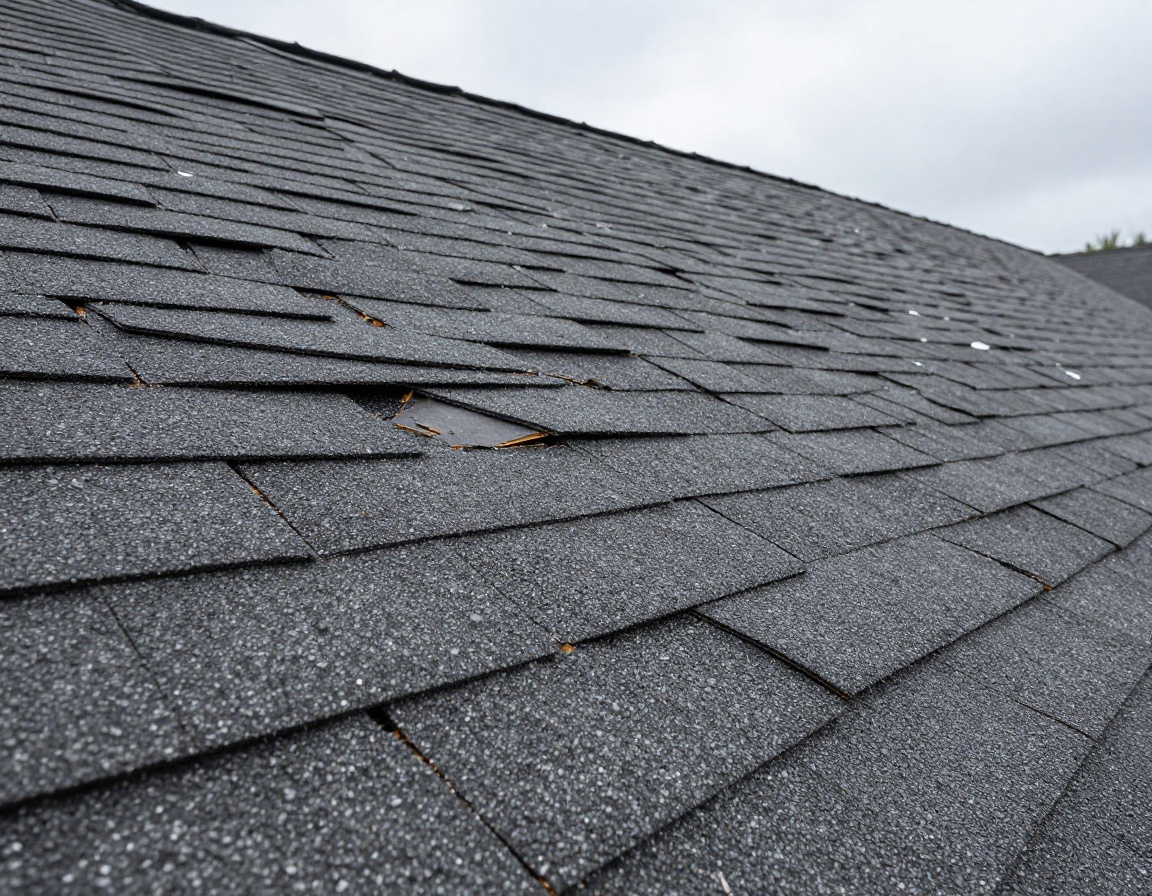 Close-up forensic view of hail-damaged shingle decking on residential roof
