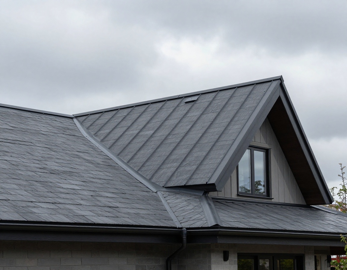 Completed matte graphite standing-seam metal roof installed on a modern residence