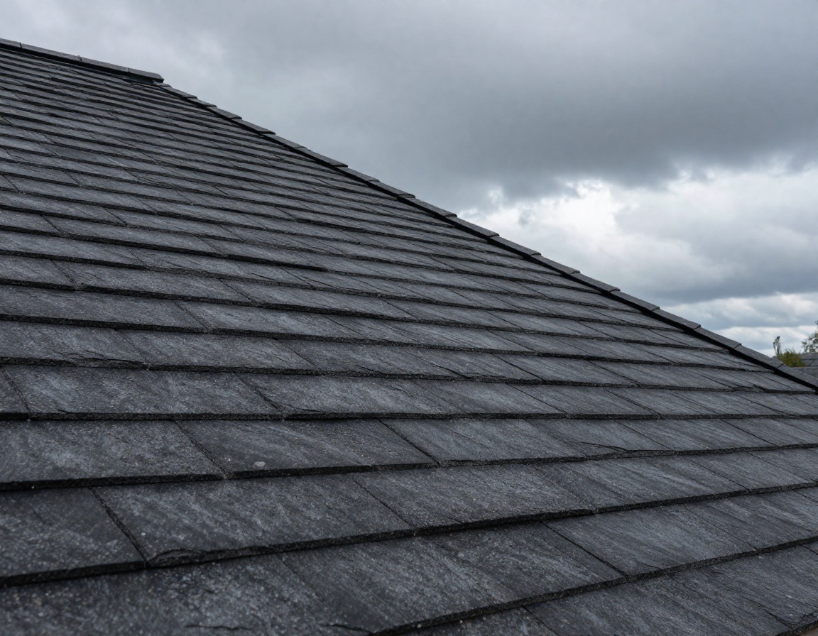 High-grade architectural slate shingles under overcast sky
